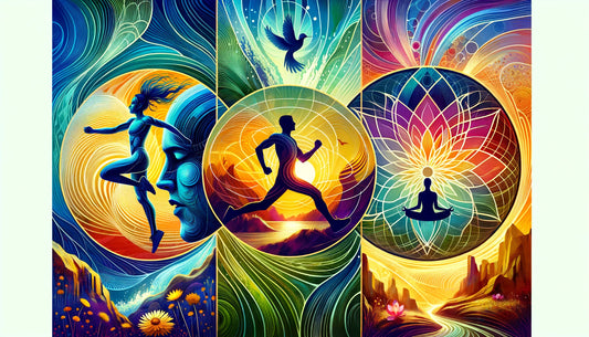 A person meditating, surrounded by symbols of learning, creating, loving, teaching, and unity. The background includes nature elements and stars, symbolizing cosmic connection and spiritual energy.